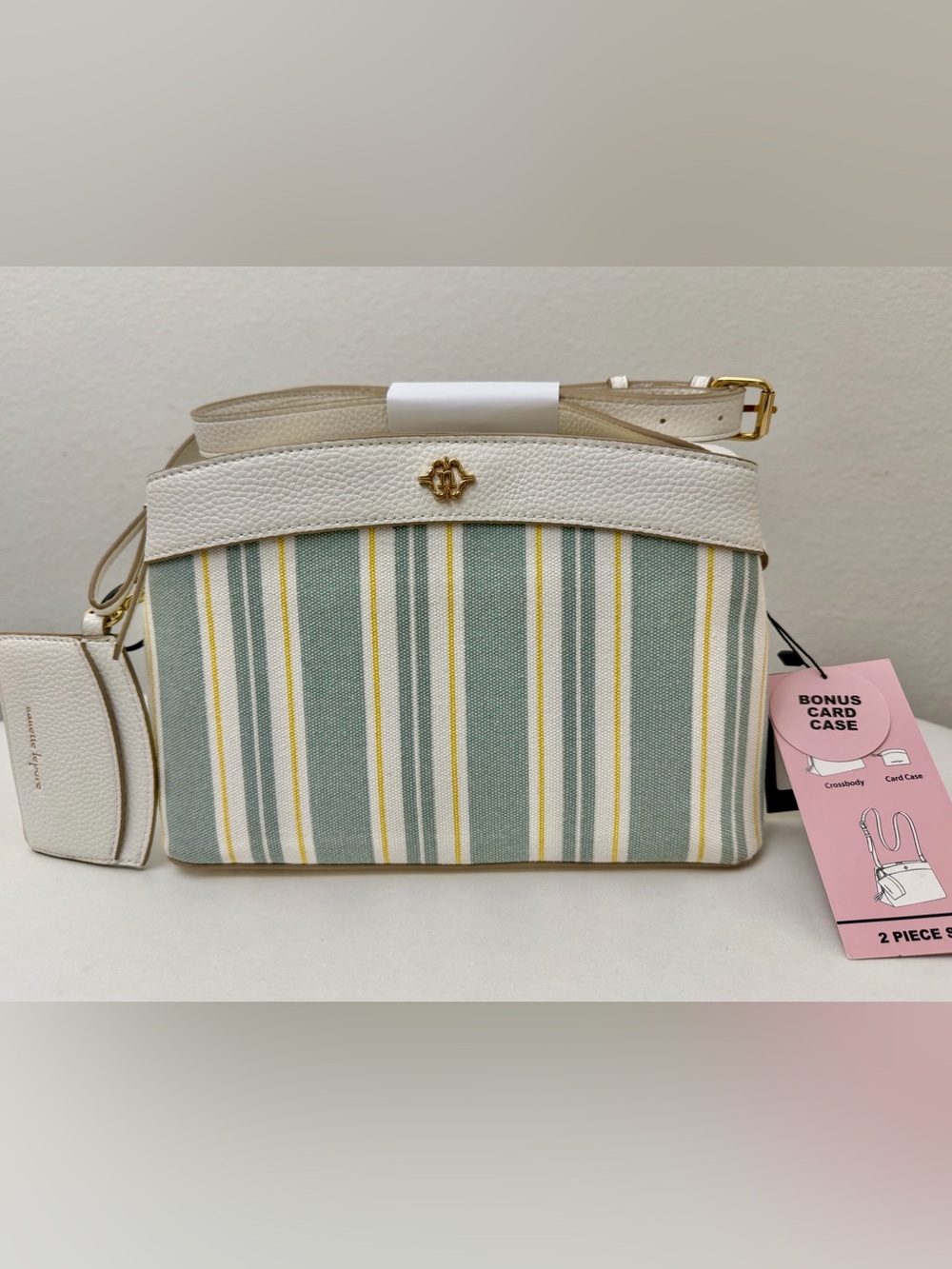 Nanette Lepore White and Fresh Sage Striped Crossbody with Gold Hardware